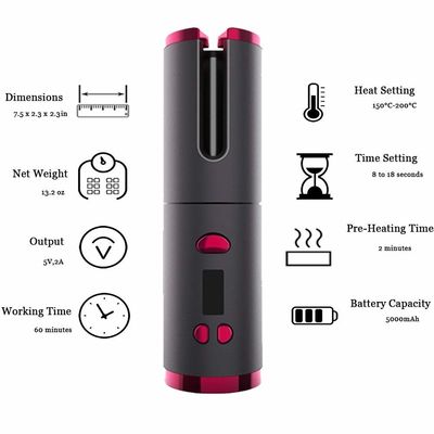 5000mAh 5V 2A Cordless Rechargeable Hair Curler With 6 Temperature Timer Settings